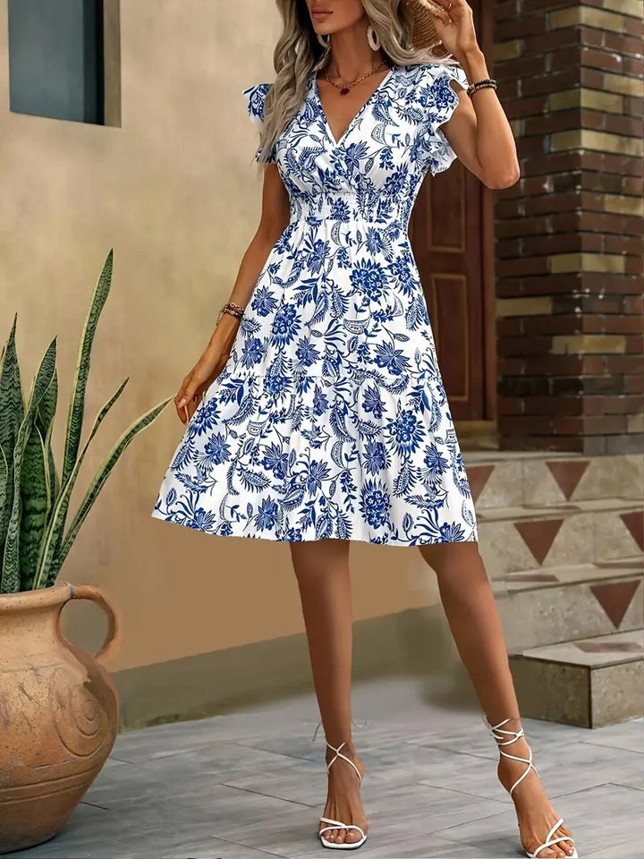 Lauren Women's Summer Dress – Elegant V-Neck Dress with Ruffles & Gathered Waist for Vacations