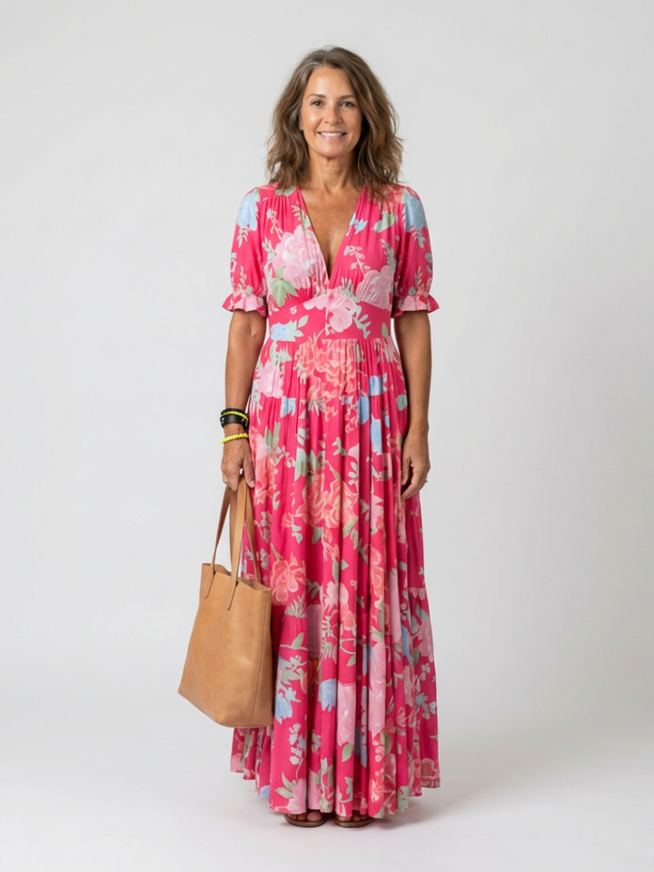 Dahlia | Women's Floral V Neck Short Sleeve Midi Dress
