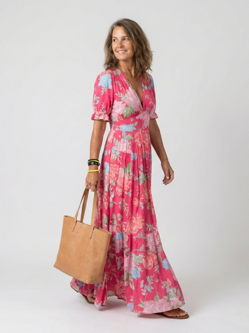Dahlia | Women's Floral V Neck Short Sleeve Midi Dress