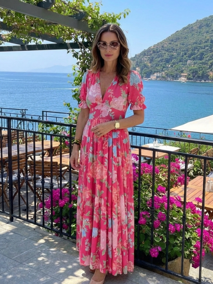 Dahlia | Women's Floral V Neck Short Sleeve Midi Dress