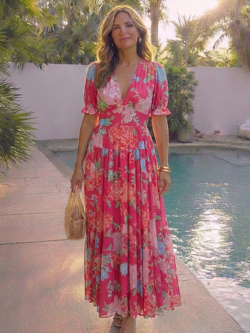 Dahlia | Women's Floral V Neck Short Sleeve Midi Dress