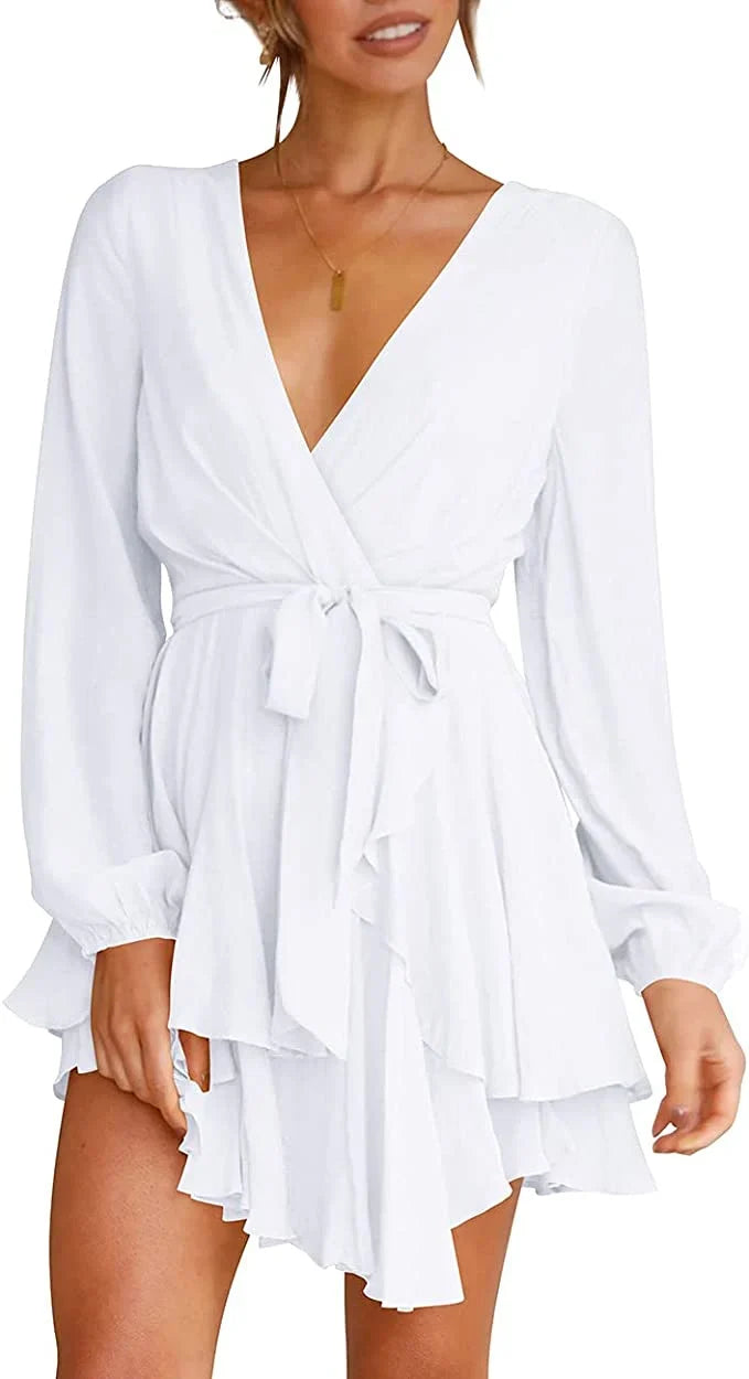 Cléo Women's Short Dress – Flared Dress with V-Neck, Belt & Long Sleeves