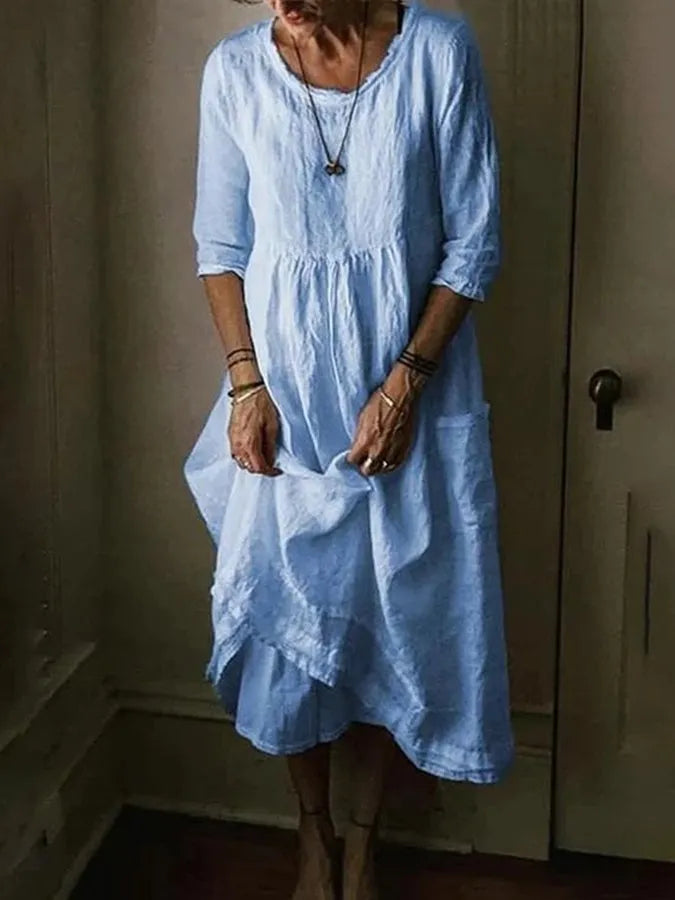 Félesca Maxi Dress for Women – Airy Blend of Cotton and Linen, Round Neck & Short Sleeves