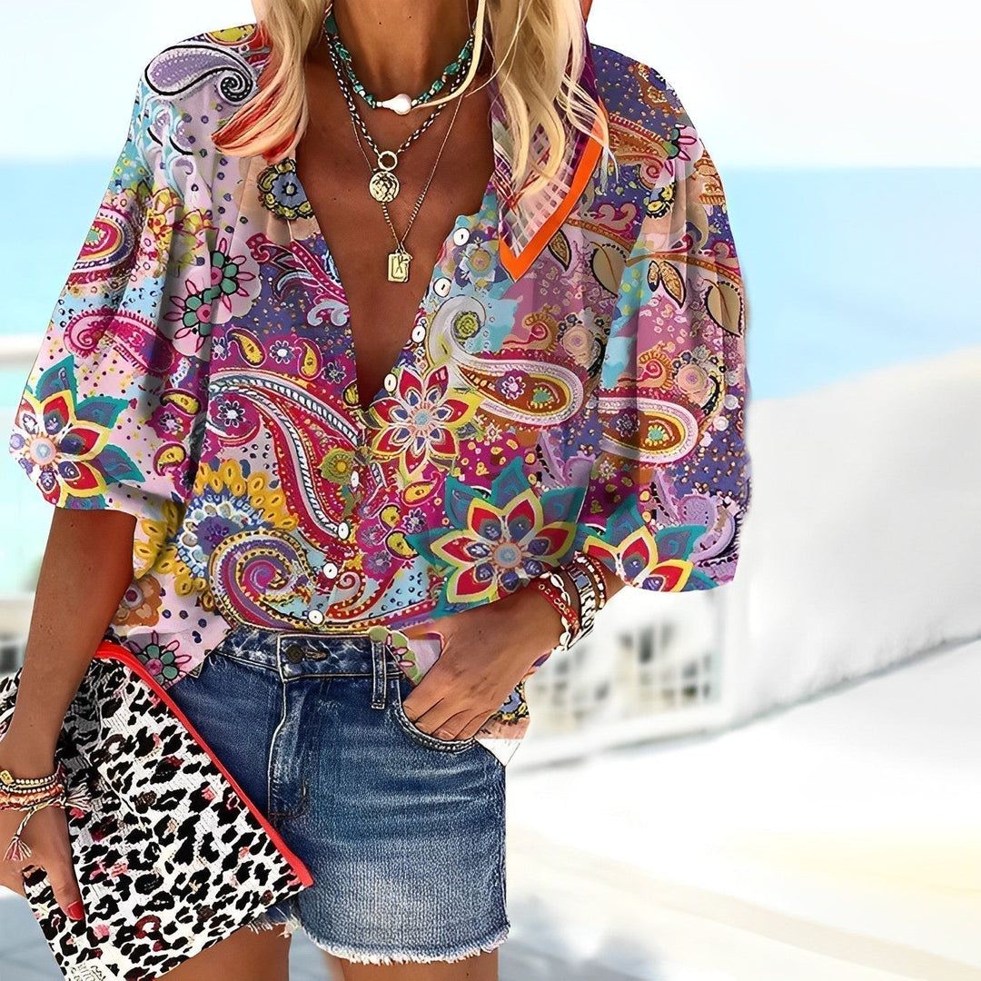 Women's Luna Blouse – Long Sleeve Mandala Pattern Knit Top with Comfortable Loose Fit