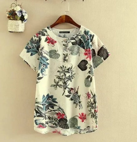 Women's Elisse T-Shirt – Casual Floral Print T-Shirt, Cotton-Linen Blend & Knotted Detail
