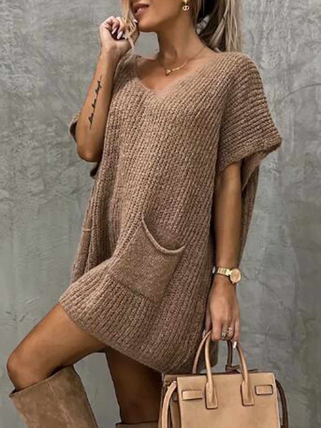 Francesca Knitted Dress for Women – Soft Knit with V-Neck, Relaxed Fit, Short Sleeves, and Front Pockets