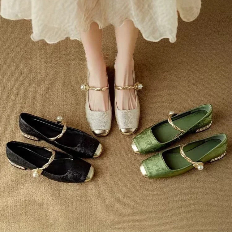 Celeste | Women's Pearl Strap Mary Jane Shoes Glitter Block Heel