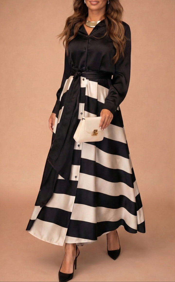 Mila™ - Striped Long Dress with Lace