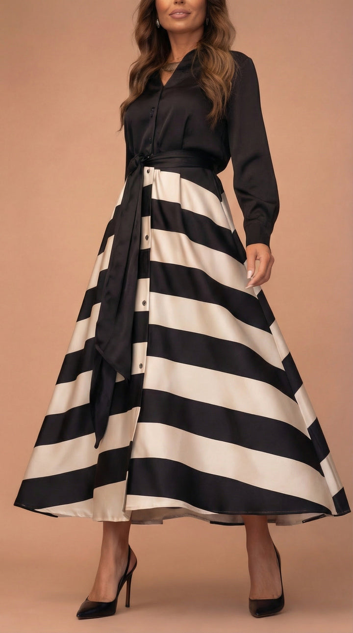 Mila™ - Striped Long Dress with Lace