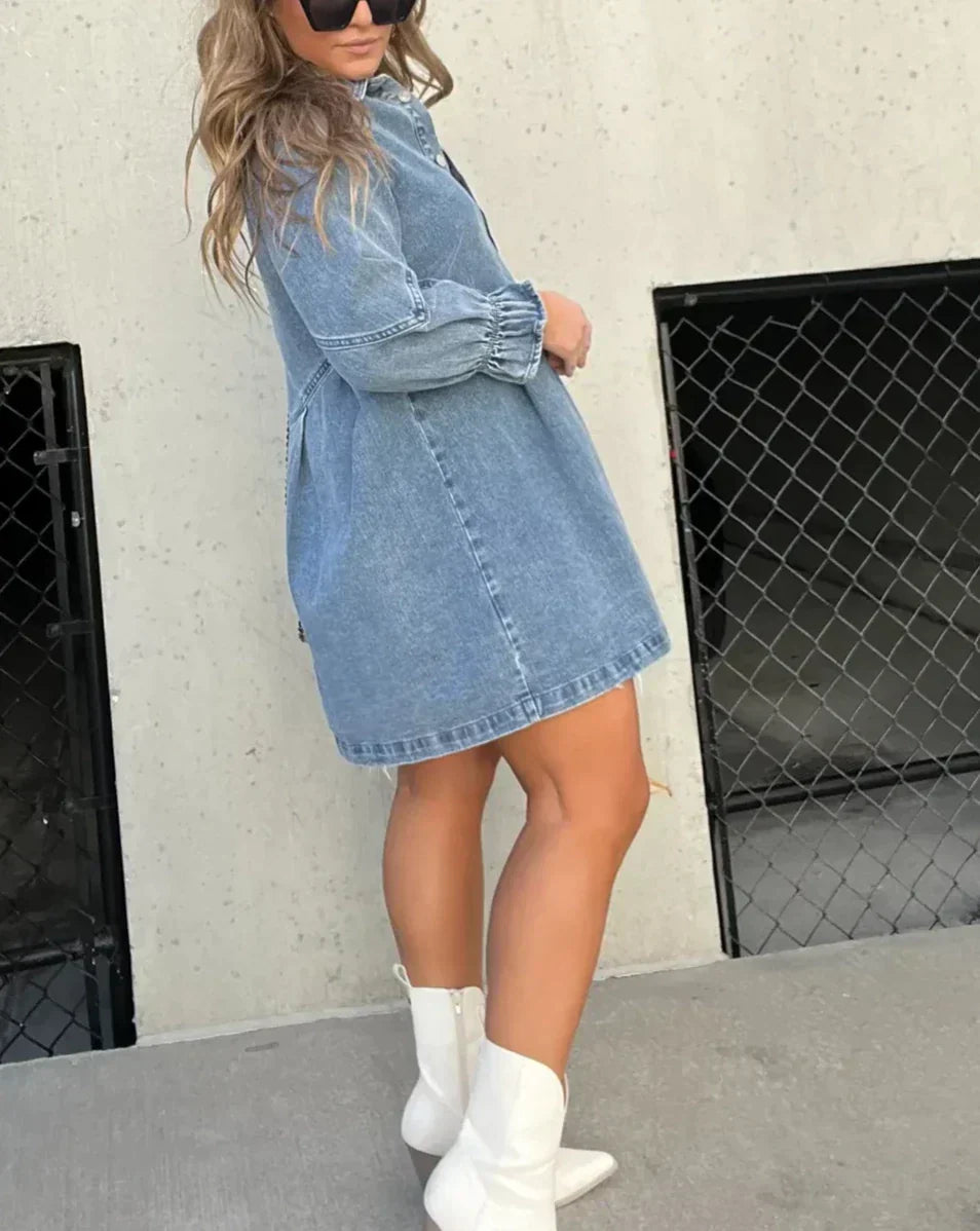 Namy Women's Denim Dress – Shirt Dress with Collar, 3/4 Sleeves, and Flared Cut