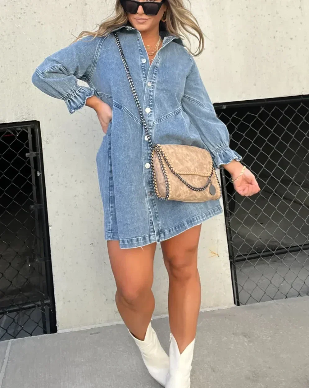 Namy Women's Denim Dress – Shirt Dress with Collar, 3/4 Sleeves, and Flared Cut