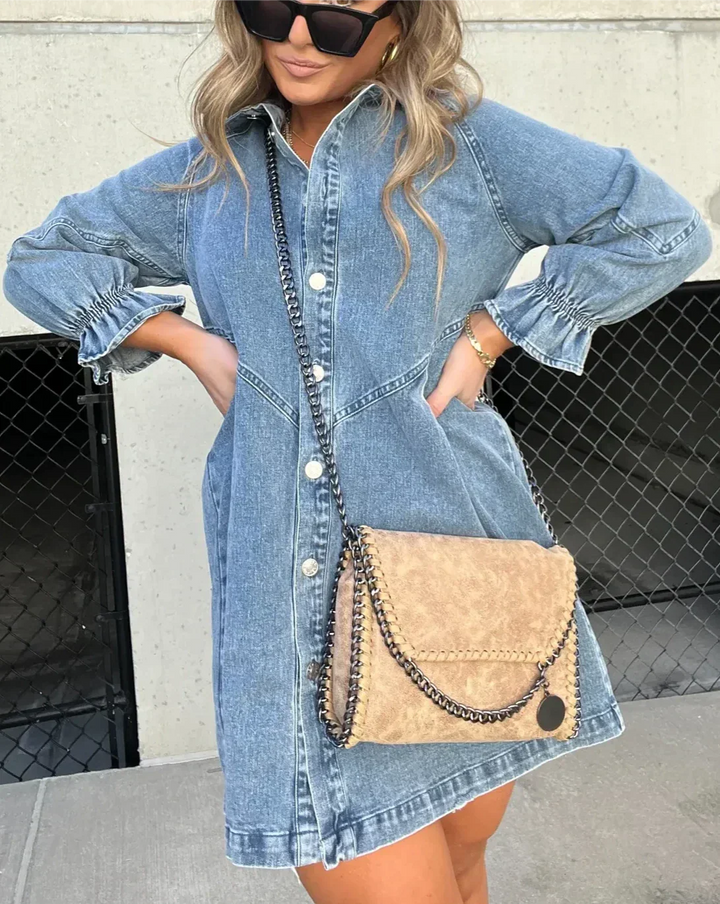 Namy Women's Denim Dress – Shirt Dress with Collar, 3/4 Sleeves, and Flared Cut