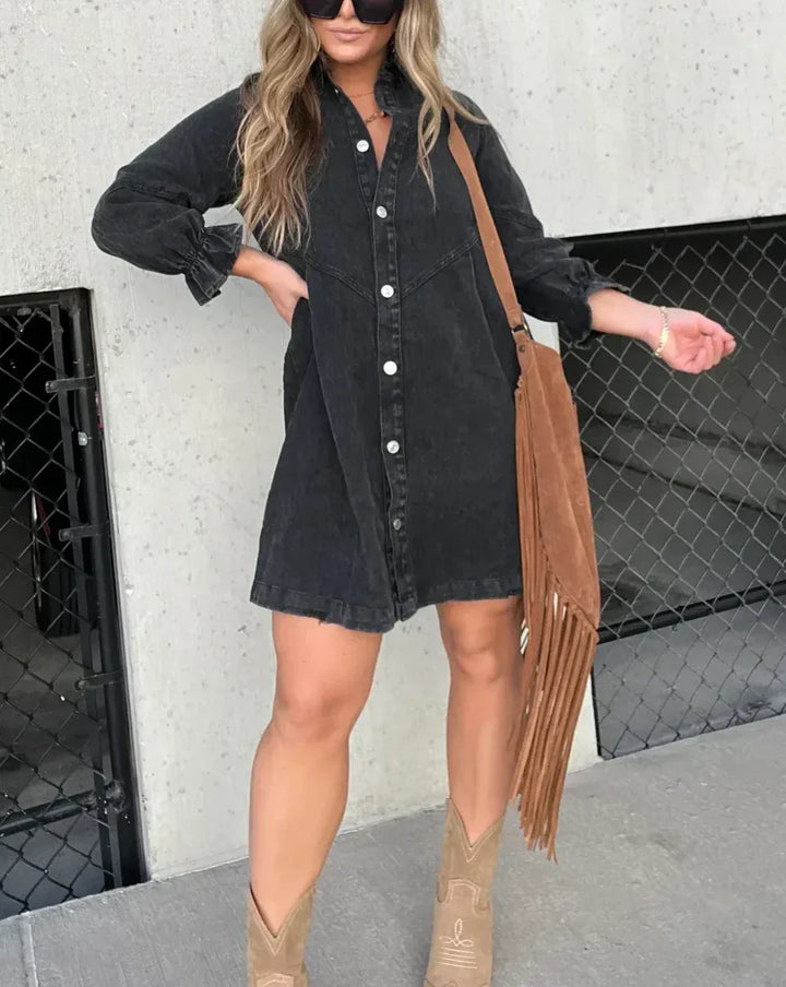 Namy Women's Denim Dress – Shirt Dress with Collar, 3/4 Sleeves, and Flared Cut