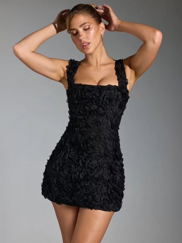 Anne Short Dress for Women – Fitted Silhouette, Square Neckline & Elegant 3D Floral Appliqués