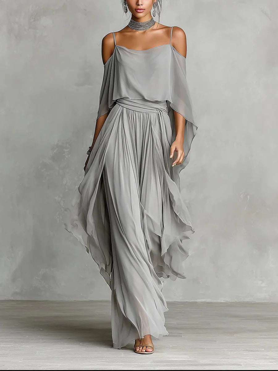 Isabela | Elegant Grey Fluid Set with Straps Top & Lightweight Pants