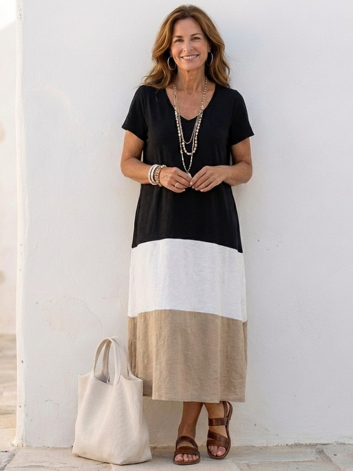 Isadora | Women's Color Block V Neck Midi Dress