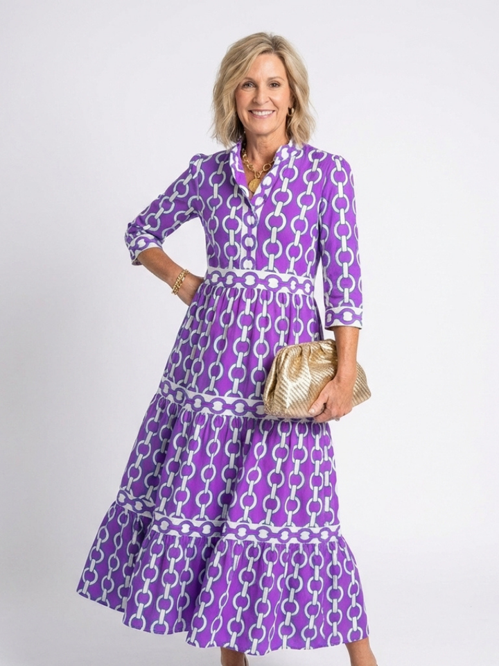 Keziah | Women's Chain Print 3/4 Sleeve Midi Dress
