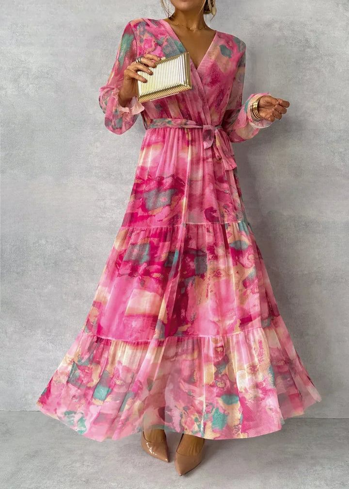 Long Dress for Women Kate – Elegant Floral Pink Dress with Long Sleeves & Flowing Cut