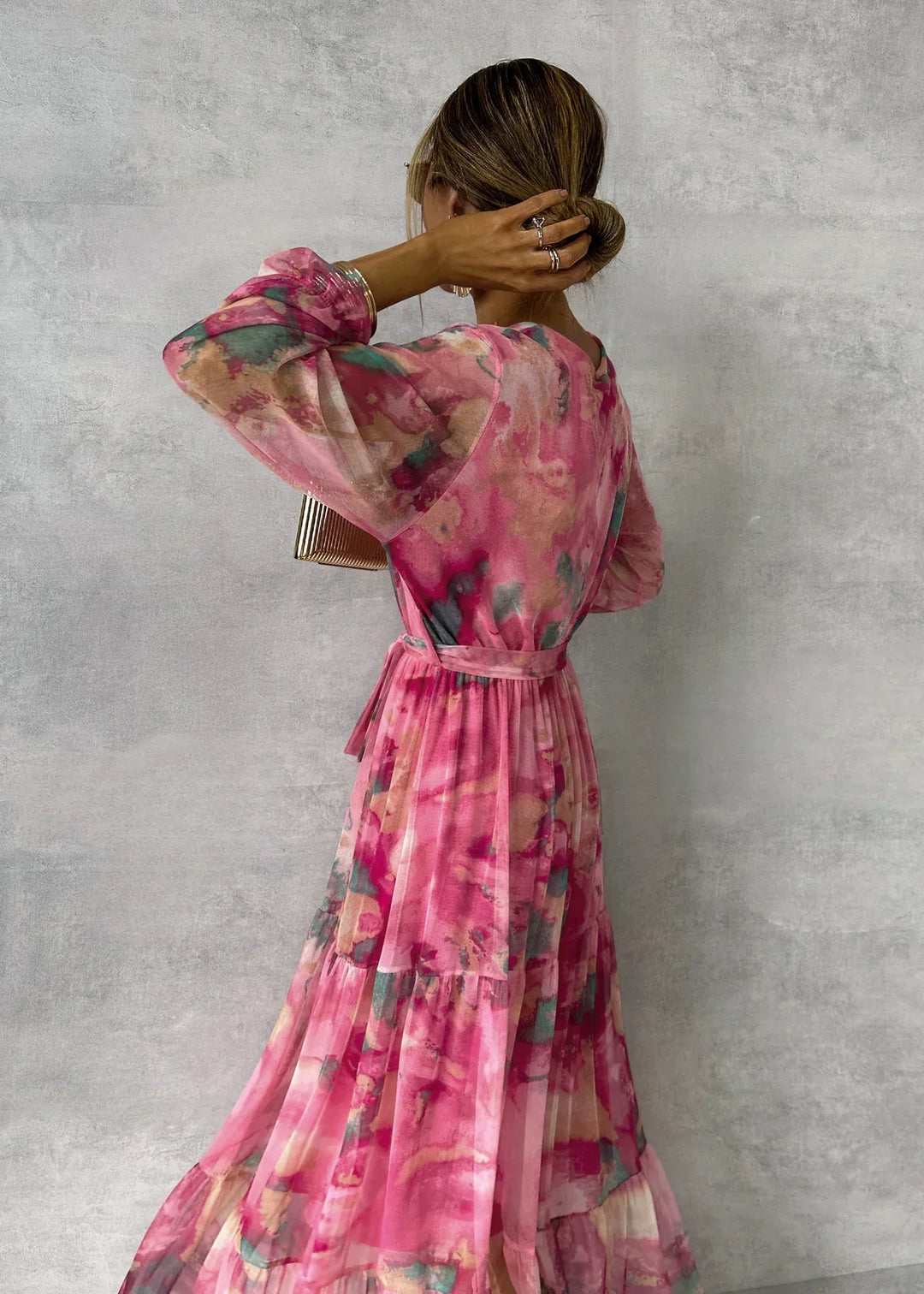 Long Dress for Women Kate – Elegant Floral Pink Dress with Long Sleeves & Flowing Cut