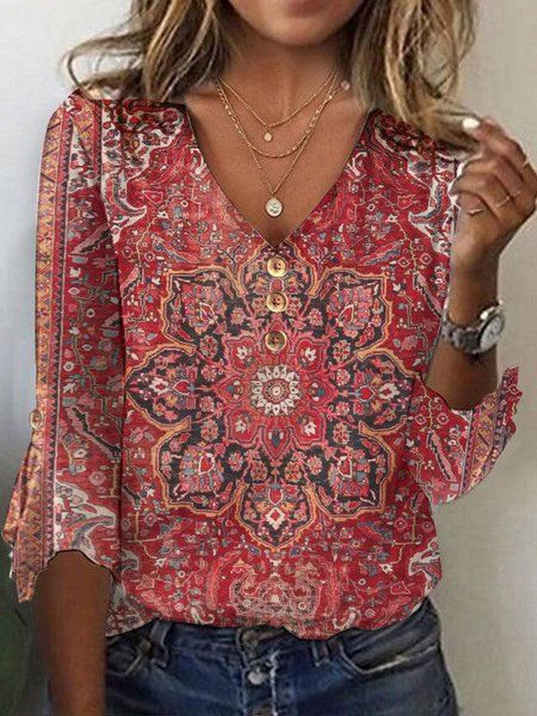 Brianna Bohemian Blouse for Women – Ruby Red Blouse with Oriental Print & Authentic Boho Style