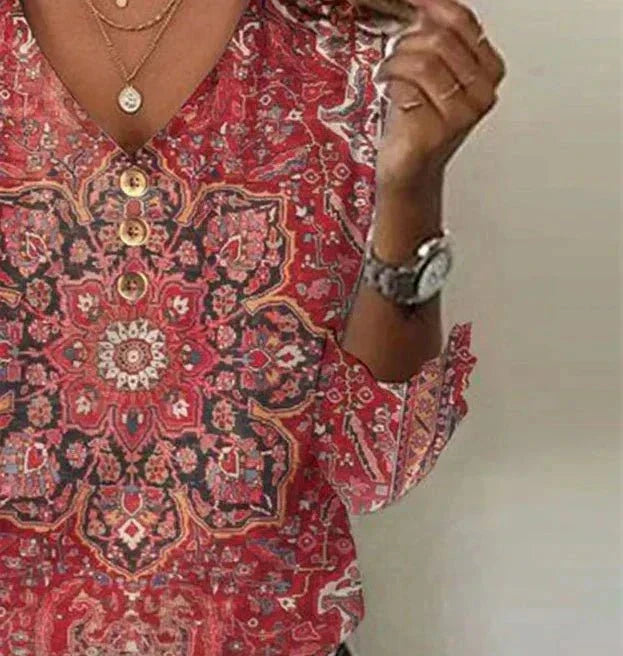 Brianna Bohemian Blouse for Women – Ruby Red Blouse with Oriental Print & Authentic Boho Style