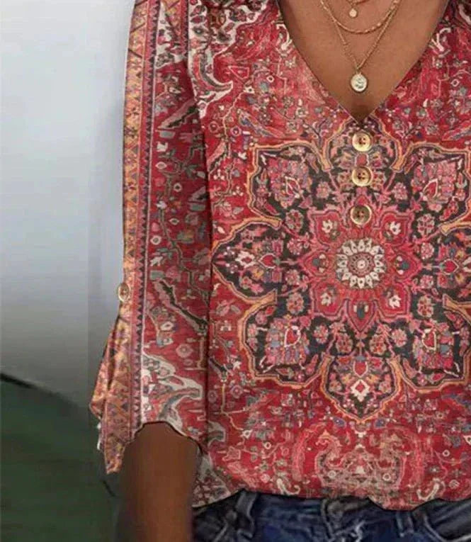 Brianna Blouse Bohemian Women – Ruby Red Blouse with Oriental Print & Authentic Boho Style