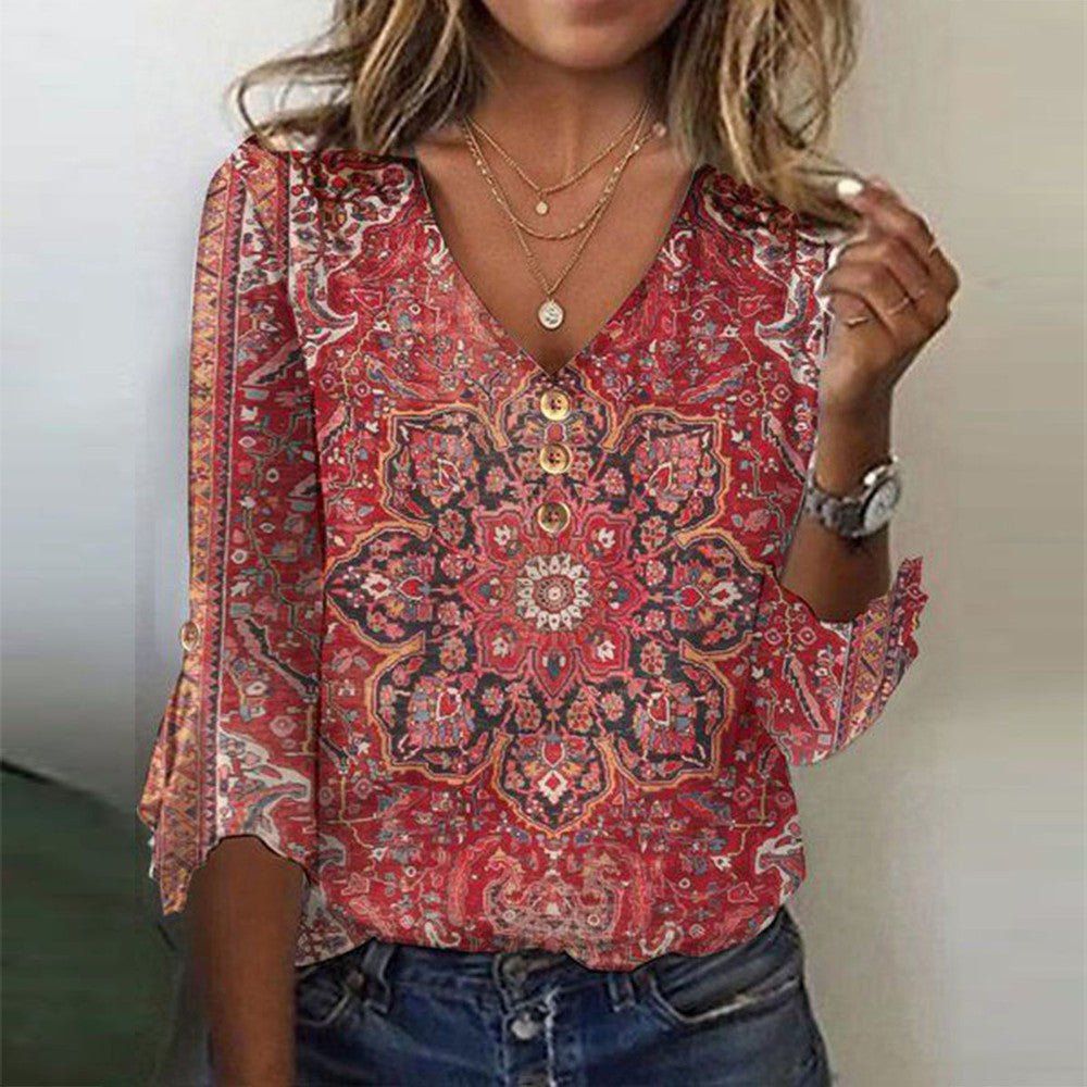 Brianna Bohemian Blouse for Women – Ruby Red Blouse with Oriental Print & Authentic Boho Style