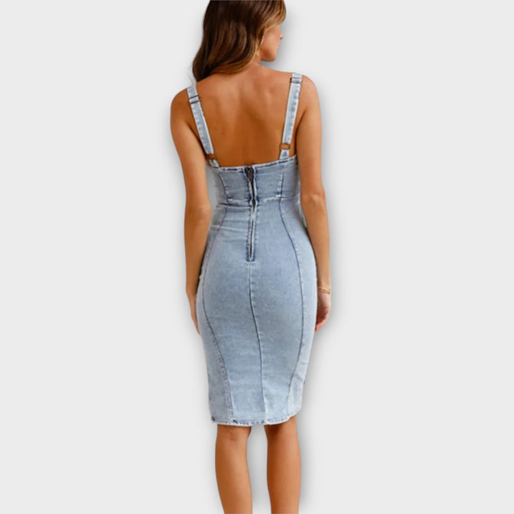Ella Midi Dress for Women – Vintage Denim Dress with Side Slit, Adjustable Straps & Stretch Comfort