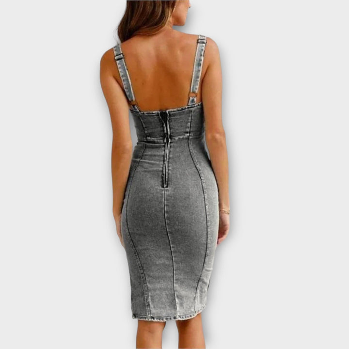 Ella Midi Dress for Women – Vintage Denim Dress with Side Slit, Adjustable Straps & Stretch Comfort
