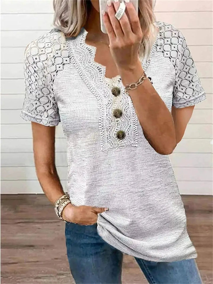 Chandy Women's T-Shirt with Lace Details – Lightweight Cotton Short Sleeves for Spring & Summer