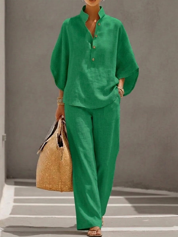 Mariel | Cotton Linen Batwing Sleeve Wide Pants Set
