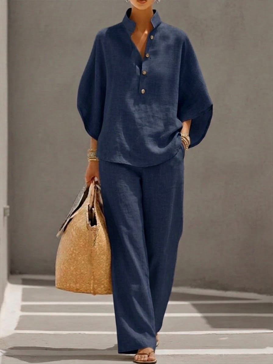 Mariel | Cotton Linen Batwing Sleeve Wide Pants Set