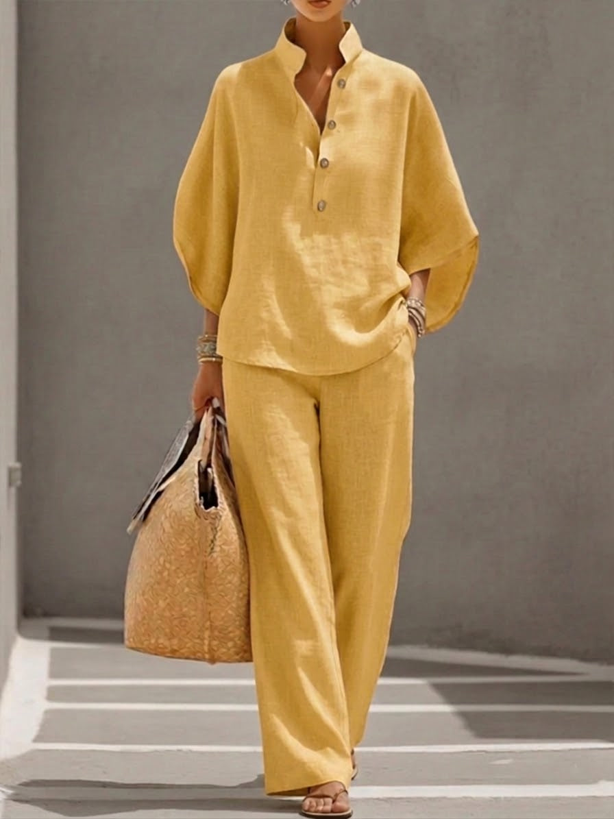 Mariel | Cotton Linen Batwing Sleeve Wide Pants Set