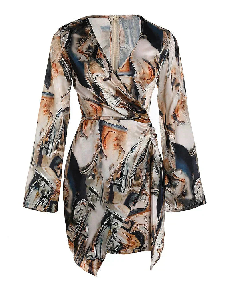 Jena Women's Wrap Dress – Text Print, V-Neck, Elegant Long Sleeves