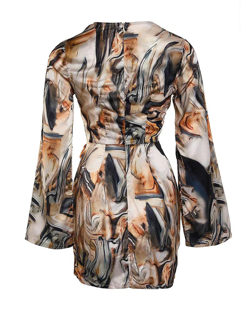 Jena Women's Wrap Dress – Text Print, V-Neck, Elegant Long Sleeves