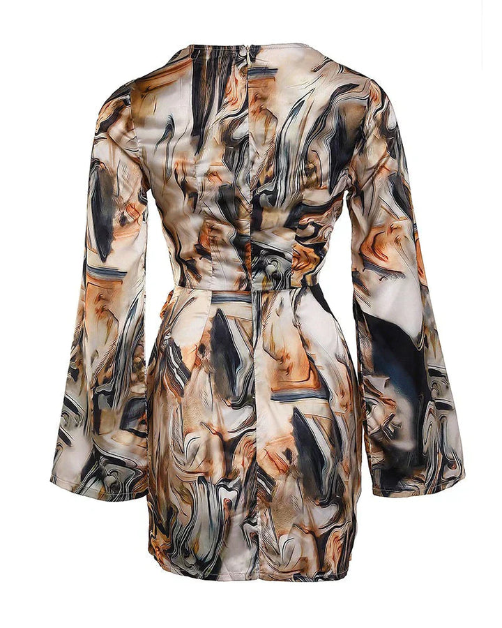 Jena Women's Wrap Dress – Text Print, V-Neck, Elegant Long Sleeves