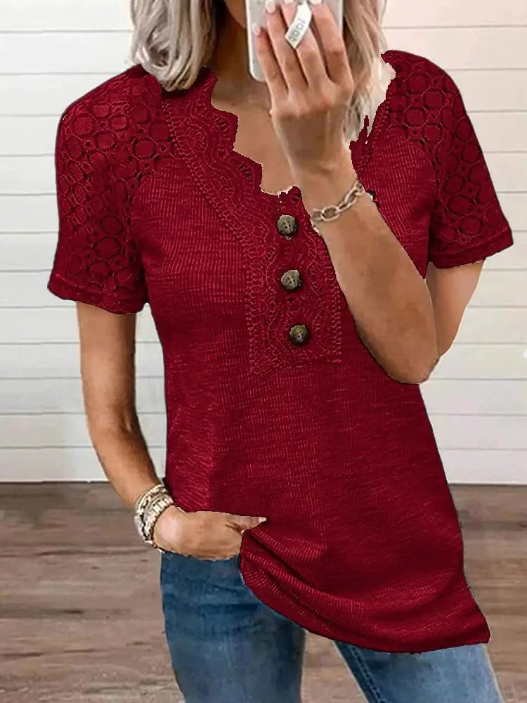Chandy Women's T-Shirt with Lace Details – Lightweight Cotton Short Sleeves for Spring & Summer